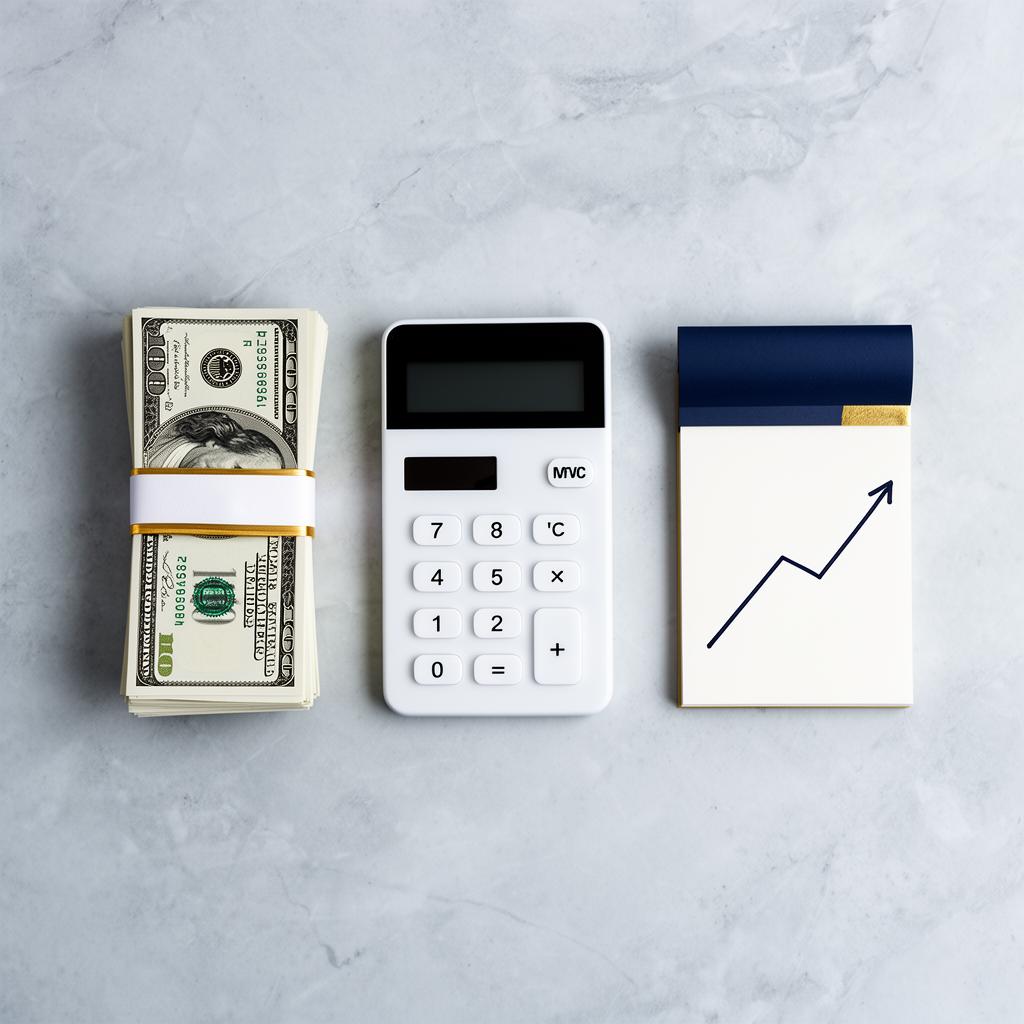 Leather-bound ledger, fountain pen, and financial documents on an executive desk lit by soft natural light.